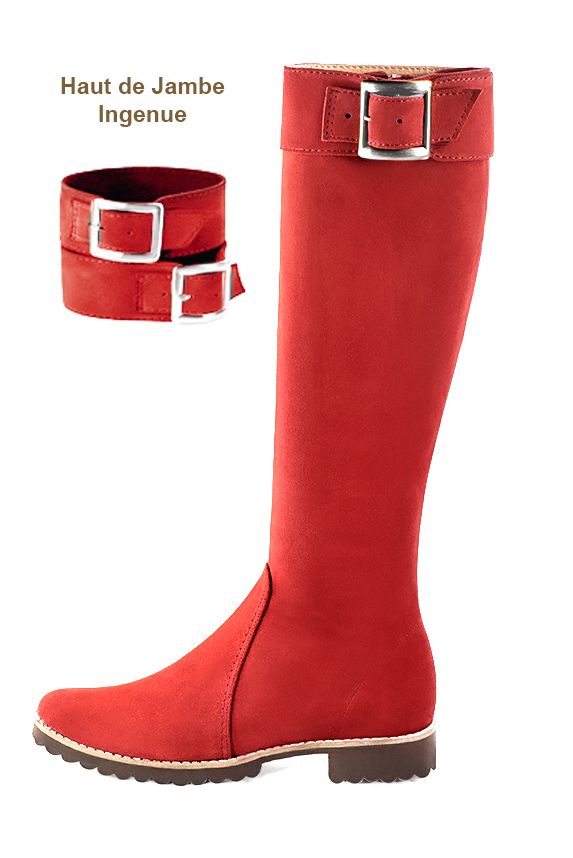 Scarlet red women's riding knee-high boots. Round toe. Flat rubber soles. Made to measure. Profile view - Florence KOOIJMAN
